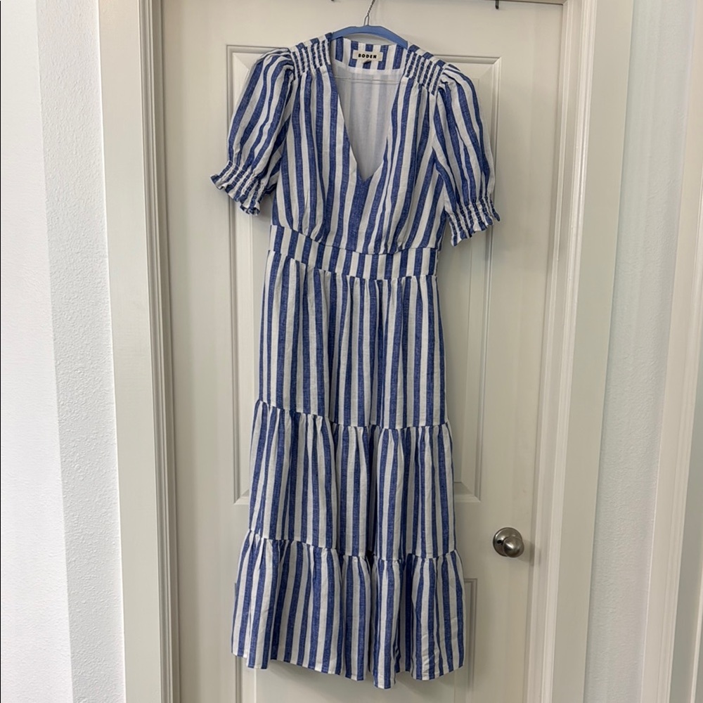 Boden Anna Linen Tiered Navy and White Striped Dress